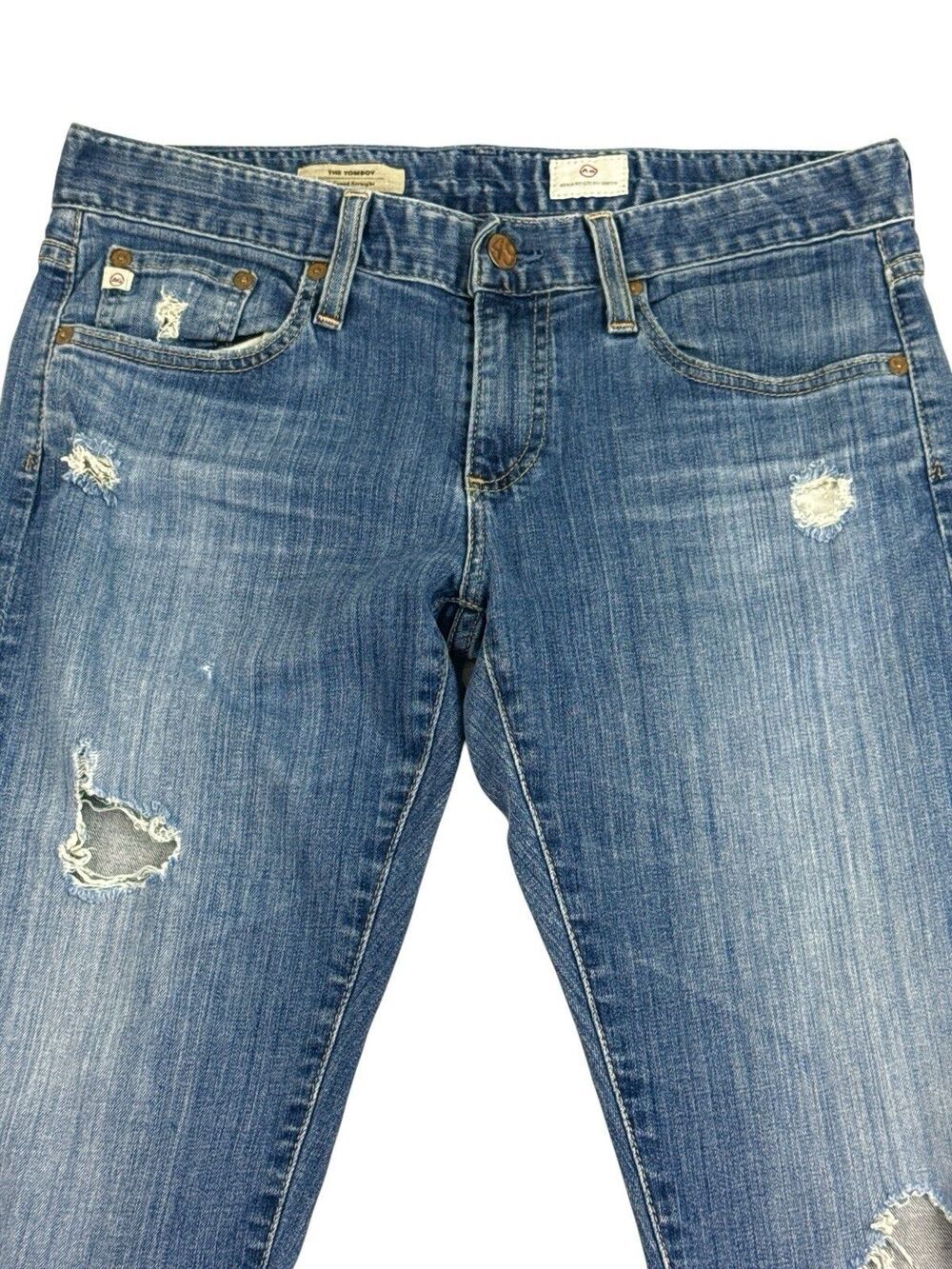 AG Adriano Goldschmied Distress Jeans 27 Blue Denim Tomboy Crop Relaxed Straight - Picture 4 of 9